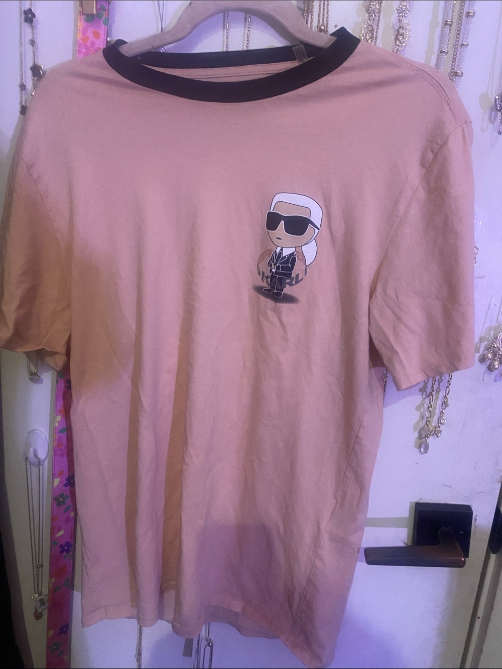 Karl Lagerfeld Pink Short Sleeve Tee with Black Ringer Neck